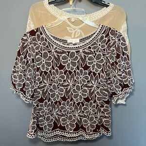 2 Solitaire Brand Floral Embroidered Tops. Both tops are included.